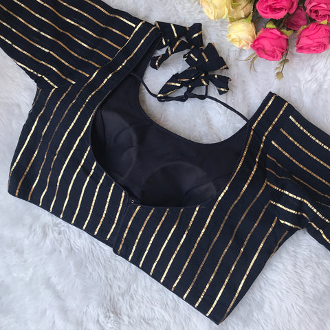 Navy Blue Color Striped Silk Cotton Blouse For Wedding & Party Wear (Design 1532)