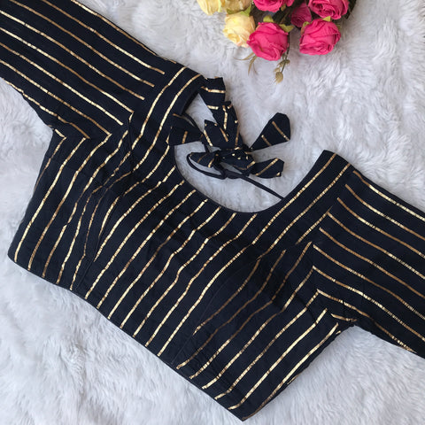 Navy Blue Color Striped Silk Cotton Blouse For Wedding & Party Wear (Design 1532)
