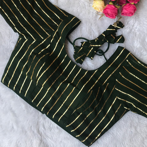 Dark Green Color Striped Silk Cotton Blouse For Wedding & Party Wear (Design 1536)