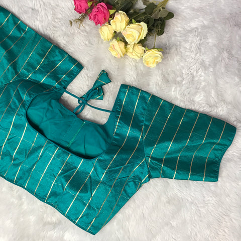 Teal Green Color Striped Silk Cotton Blouse For Wedding & Party Wear (Design 1548)