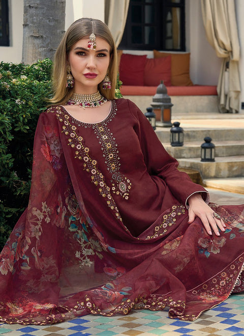 Maroon Viscose Silk Wear Embroidery Work Readymade Suit With Pant & dupatta (D950)