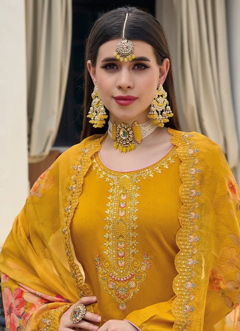 Yellow Viscose Silk Wear Embroidery Work Readymade Suit With Pant & dupatta (D951)