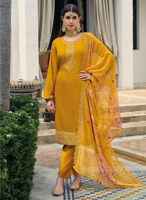 Yellow Viscose Silk Wear Embroidery Work Readymade Suit With Pant & dupatta (D951)