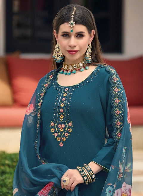 Teal Green Viscose Silk Wear Embroidery Work Readymade Suit With Pant & dupatta (D952)
