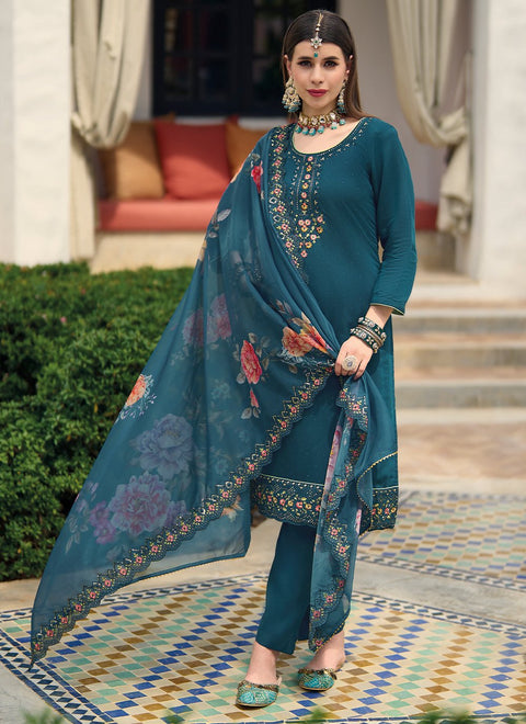 Teal Green Viscose Silk Wear Embroidery Work Readymade Suit With Pant & dupatta (D952)