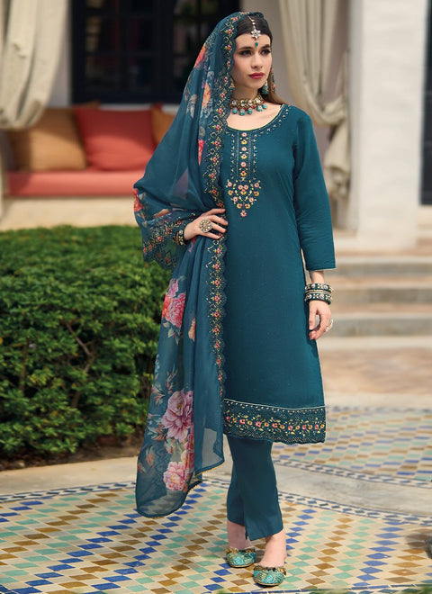 Teal Green Viscose Silk Wear Embroidery Work Readymade Suit With Pant & dupatta (D952)