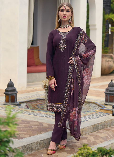 Purple Viscose Silk Wear Embroidery Work Readymade Suit With Pant & dupatta (D953)