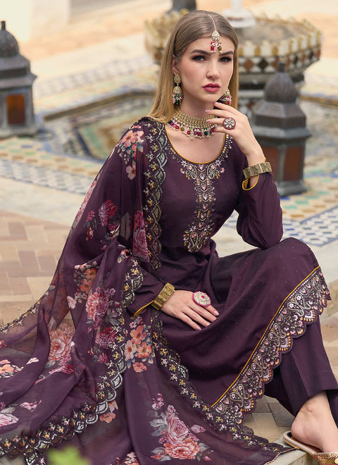Purple Viscose Silk Wear Embroidery Work Readymade Suit With Pant & dupatta (D953)