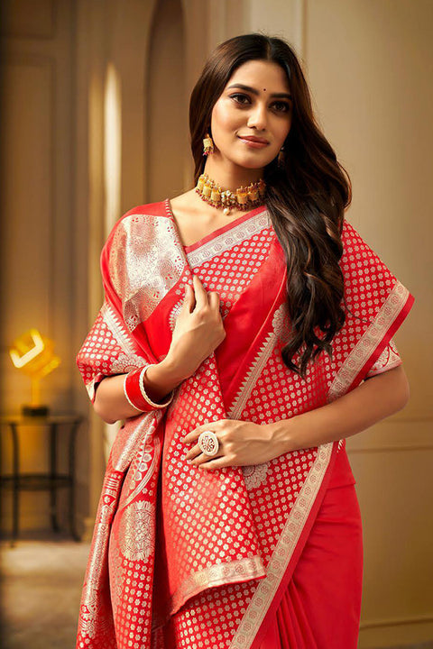 Red Color Party Wear Weaving Soft Banarasi Silk Saree (D707)