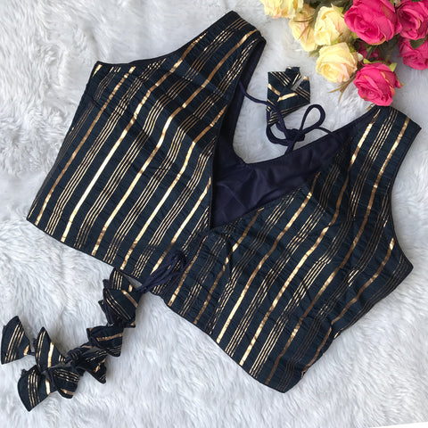 Navy Blue Color Striped Silk Cotton Sleeveless Blouse For Wedding & Party Wear (D1581)