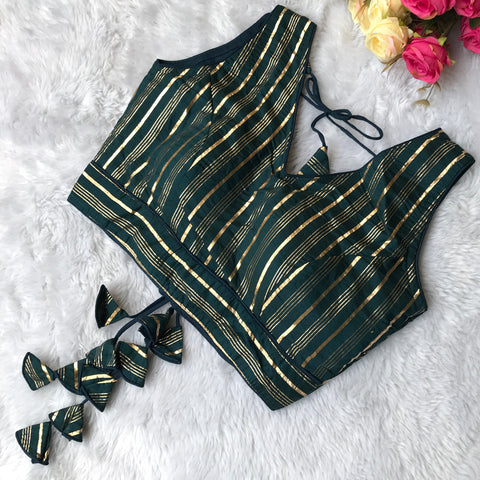 Teal Green Color Striped Silk Cotton Sleeveless Blouse For Wedding & Party Wear (D1590)