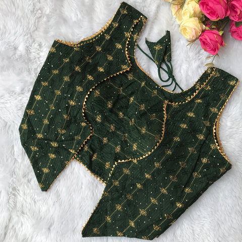 Green Coloured Cotton Embroidery & Sequence Work Designer Sleeveless Blouse For Wedding & Party Wear For Women (D1591)