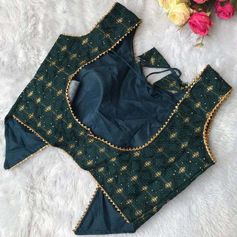 Teal Blue Coloured Cotton Embroidery & Sequence Work Designer Sleeveless Blouse For Wedding & Party Wear For Women (D1592)