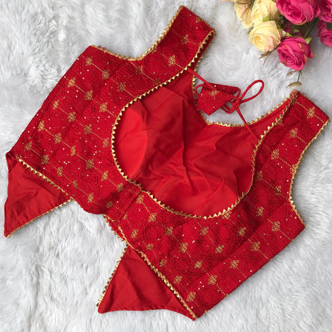 Red Coloured Cotton Embroidery & Sequence Work Designer Sleeveless Blouse For Wedding & Party Wear For Women (D1597)