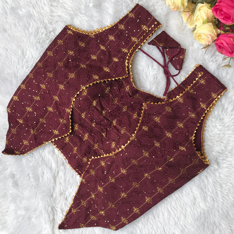 Wine Coloured Cotton Embroidery & Sequence Work Designer Sleeveless Blouse For Wedding & Party Wear For Women (D1598)