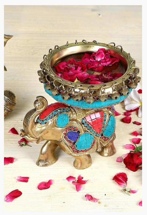 6 Inches Ethnic Design Brass Urli Over Brass Elephant Showpiece, Urli for Home Decor, Brass Decorative Urli Bowl, Gemstone Finished, Pack of 1(Design 91)