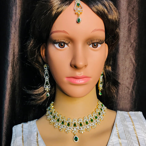 Designer Semi-Precious American Diamond Emerald Necklace with Earrings & Mangtikka (D801)