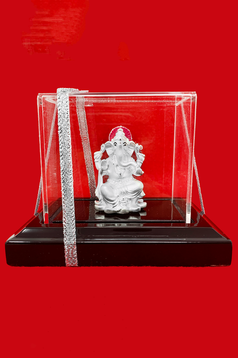 999 Pure Silver Rectangular Ganesha Idol with Scarlet Headrest