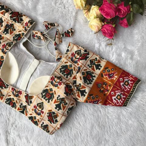 Cream & Multi Color Heavy Rich Patola Print Designer Pattern Readymade Blouse in Silk (D1606)