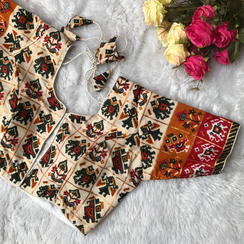 Cream & Multi Color Heavy Rich Patola Print Designer Pattern Readymade Blouse in Silk (D1606)