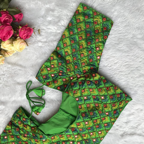 Green Color Zari & Foil Mirror Work Blouse In Silk For Women (D1607)