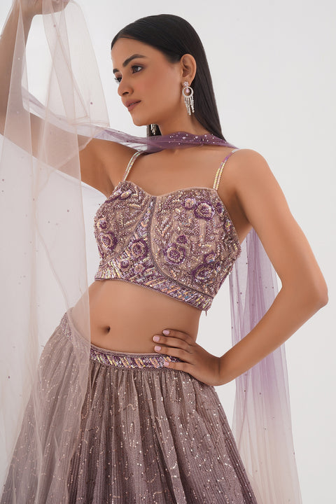 Onion Pink Lycra Embroidery Sequin Sweetheart Ombre Pleated Lehenga Set For Women (D352)