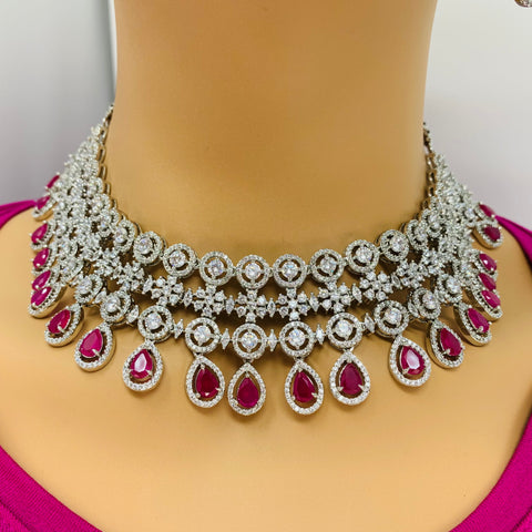 Designer Semi-Precious American Diamond & Green Emerald Necklace with Earrings (D460)