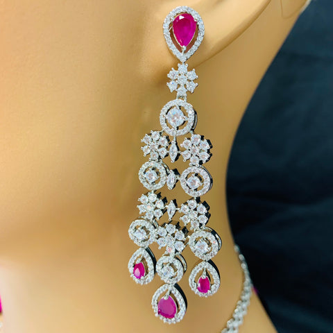 Designer Semi-Precious American Diamond & Green Emerald Necklace with Earrings (D460)