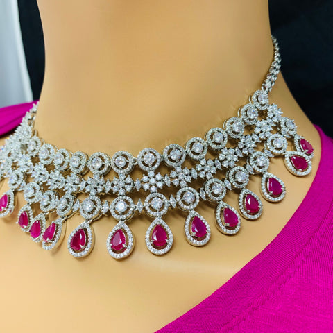 Designer Semi-Precious American Diamond & Green Emerald Necklace with Earrings (D460)