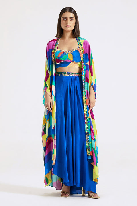 Multi Color Blue Crepe Printed Embroidered Abstract Draped Skirt Set (D70)