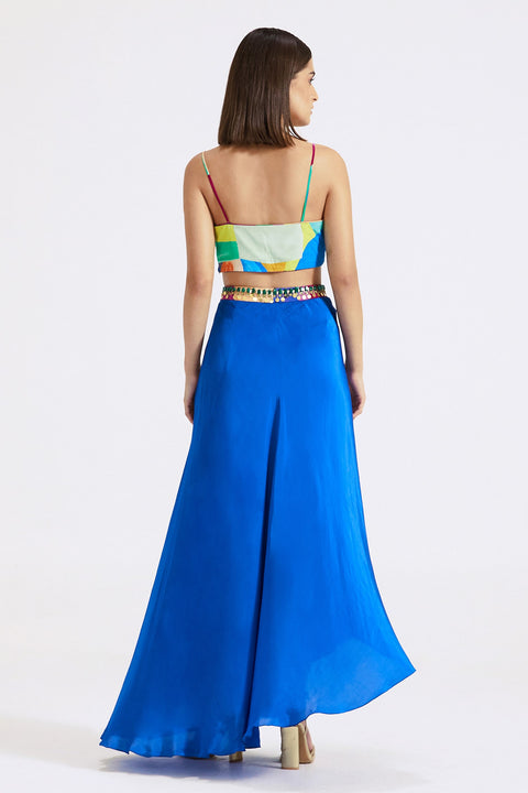Multi Color Blue Crepe Printed Embroidered Abstract Draped Skirt Set (D70)
