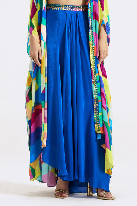 Multi Color Blue Crepe Printed Embroidered Abstract Draped Skirt Set (D70)