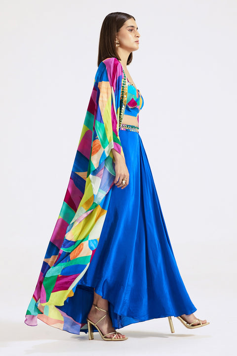 Multi Color Blue Crepe Printed Embroidered Abstract Draped Skirt Set (D70)