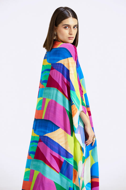 Multi Color Blue Crepe Printed Embroidered Abstract Draped Skirt Set (D70)