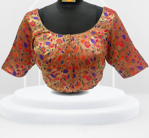 Golden With Red Touch Color Heavy Rich Pathani Print Designer Pattern Readymade Blouse in Silk (D1710)