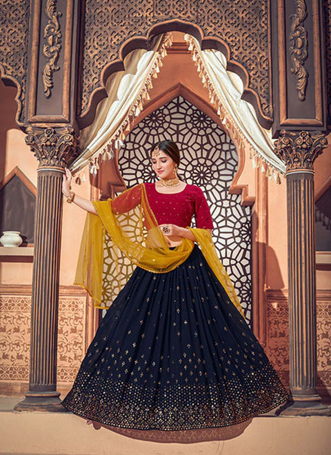 Designer Navy Blue & Multicolor Georgette Thread With Sequins Embroidered Lehenga Choli (D218)
