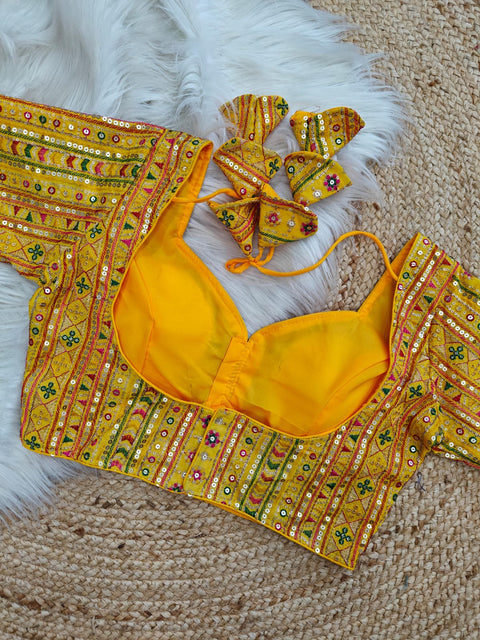 Yellow Color Codding Sequence Multi Threads & Jari Party Wear Full Heavy Work Design Blouse (D1727)