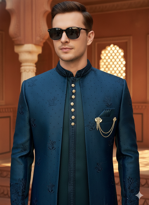 Teal Blue Majesty Silk Indo Western For Wedding And Reception (D267)