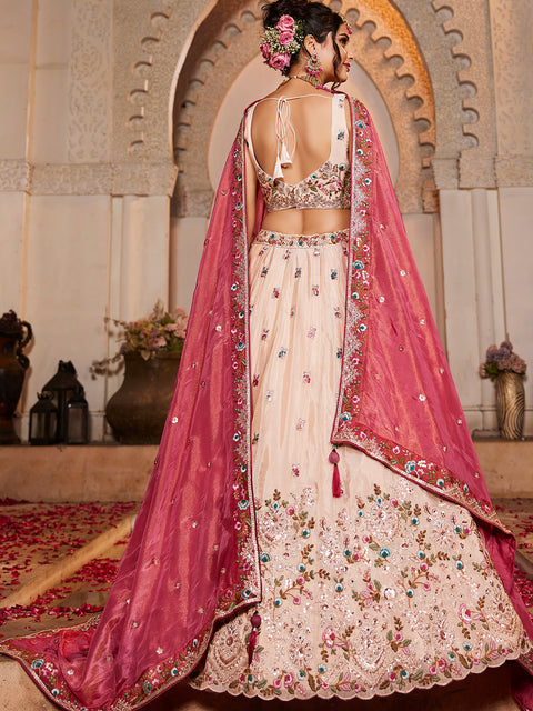 Cream Tissue Sequins embroidery Lehenga choli & Dupatta (D871)