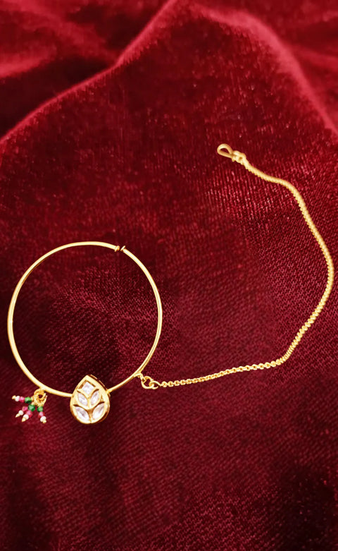 Gold Plated Royal Kundan Studded Nose Ring with Chain - NATH (Design 2)