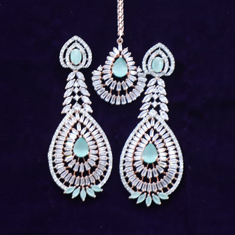 Gold American Diamond Contemporary Earrings with Mang Tikka