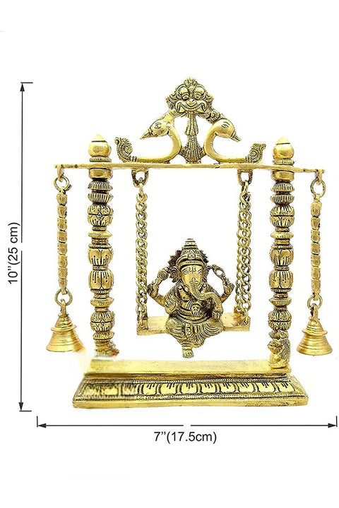 Brass Ganesha On Jhoola Swing with Bells Showpiece, Standard, Yellow, 1 Piece(Design 93)