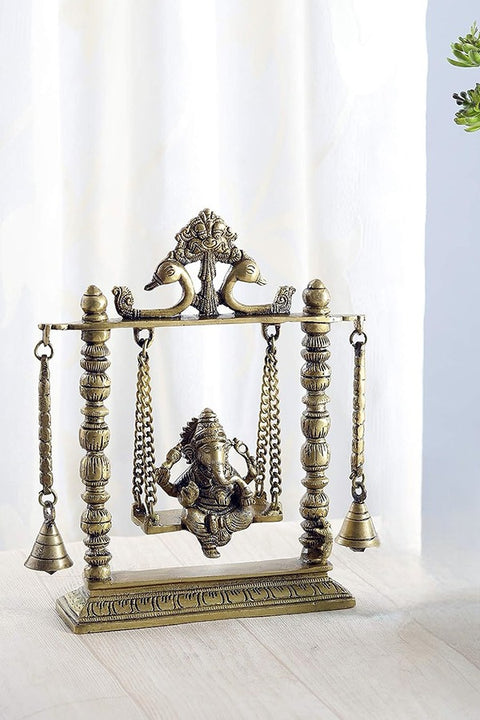 Brass Ganesha On Jhoola Swing with Bells Showpiece, Standard, Yellow, 1 Piece(Design 93)