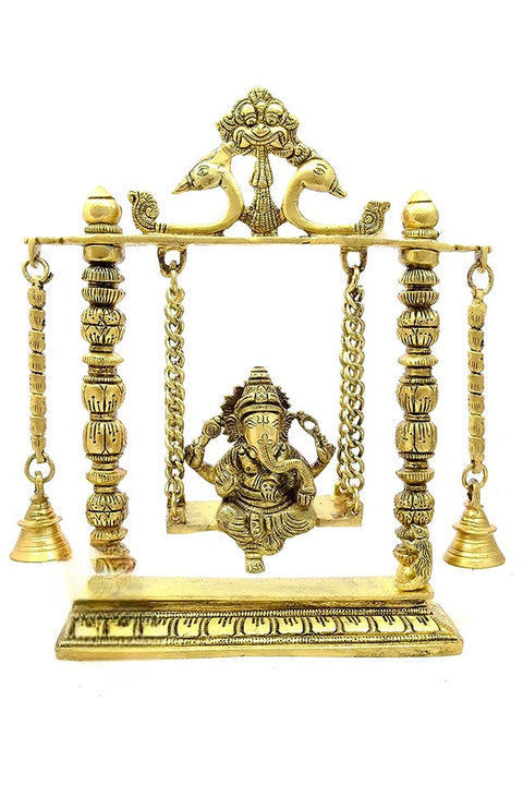 Brass Ganesha On Jhoola Swing with Bells Showpiece, Standard, Yellow, 1 Piece(Design 93)