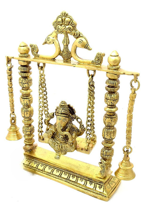 Brass Ganesha On Jhoola Swing with Bells Showpiece, Standard, Yellow, 1 Piece(Design 93)
