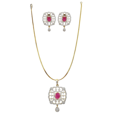 American Diamond CZ Pendant Set 22k Gold Plated with Earrings