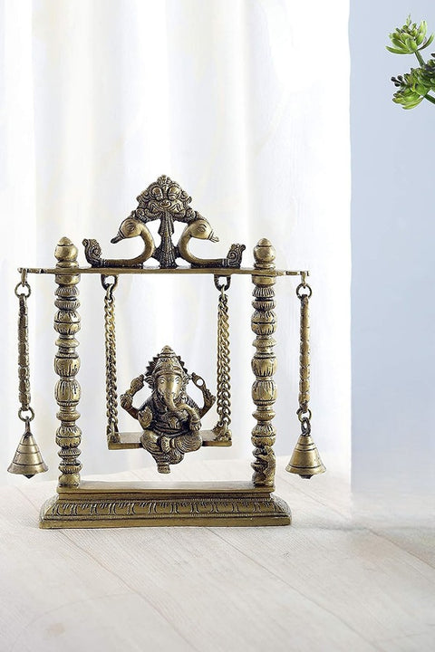 Brass Ganesha On Jhoola Swing with Bells Showpiece, Standard, Yellow, 1 Piece(Design 93)