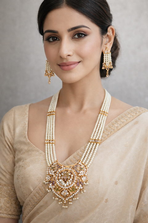 Multi Layer Pearl Kundan Necklace Set With White & Purple Stones (D1352)