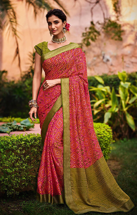 Designer Magenta/Green Brasso Printed Saree for Casual Wear (D447)