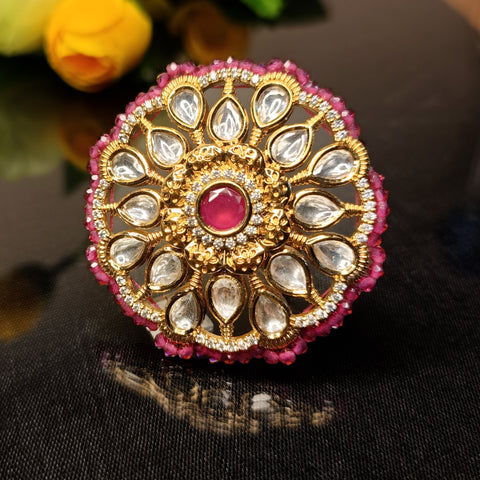 Designer Gold Plated Royal Kundan Ruby Beaded Ring (Design 193)